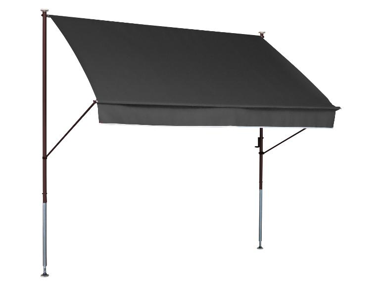 Dunkelgraue Markise mit braunen und silbernen Stangen, spendet Schatten.