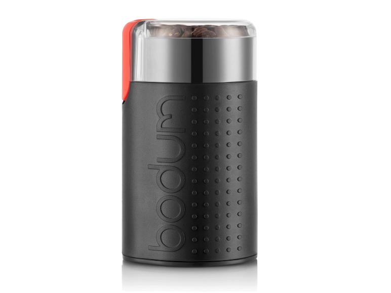 Bodum Kaffeemühle in Schwarz und Rot mit Kaffeebohnen
