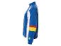 Blau-weißes Lidl Sportjacke mit farbigen Streifen.