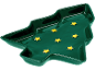 Grüne Servierschale in Tannenbaumform mit gelben Sternen.