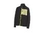 Schwarze Fleecejacke mit neongrünem Reißverschluss und beiger Brusttasche.