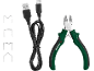 USB-Kabel, Seitenschneider und Metallklammern auf schwarzem Hintergrund.