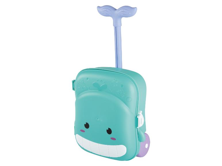 Kinderkoffer in Walform mit Rollen und ausziehbarem Griff.