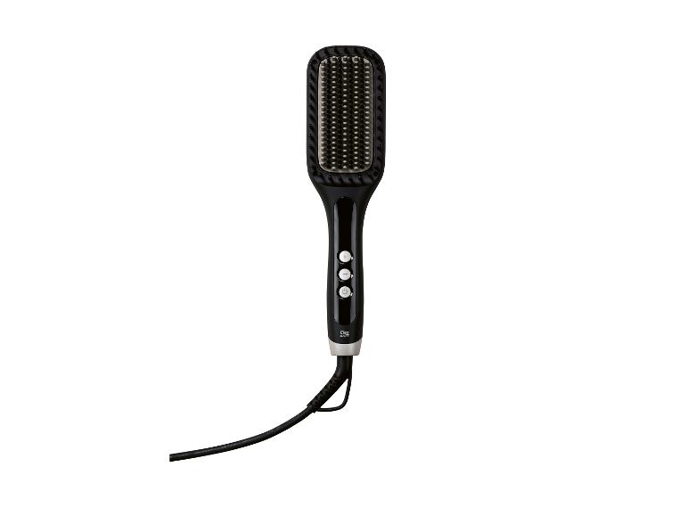 Schwarze Haarglättbürste mit Knöpfen und Kabel.
