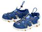 Paar blaue und orangefarbene Kindersandalen mit verstellbaren Gummizügen