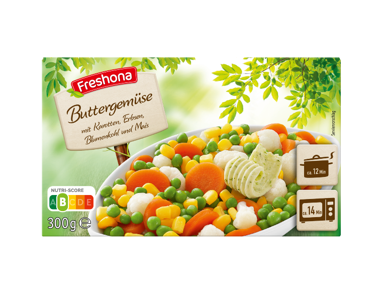 Buttergemüse: Karotten, Erbsen, Blumenkohl und Mais, mit Nutri-Score A.