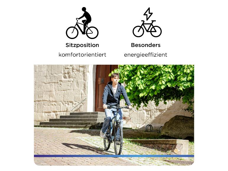 Mann auf einem E-Bike mit komfortorientierter Sitzposition und Energieeffizienz.