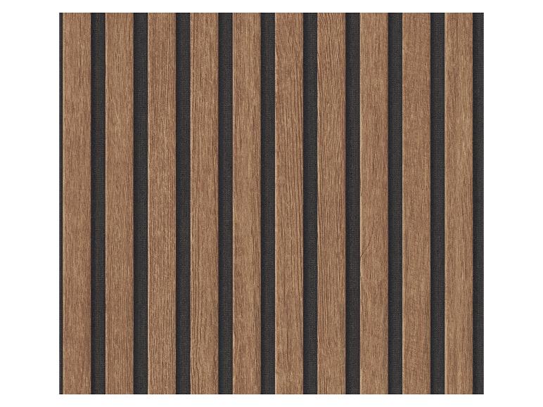 Holzverkleidung mit vertikalen braunen Lamellen und dunkelgrauem Hintergrund.