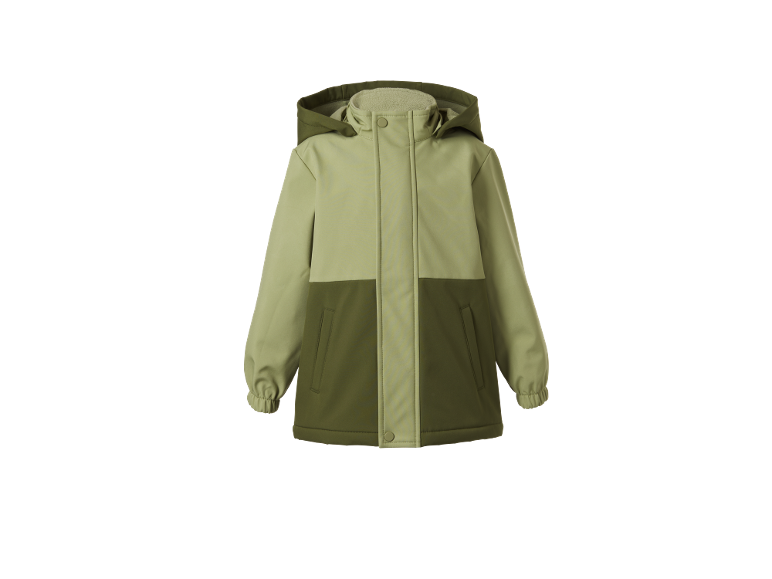 Zweifarbige grüne Kinder-Outdoorjacke mit Kapuze.