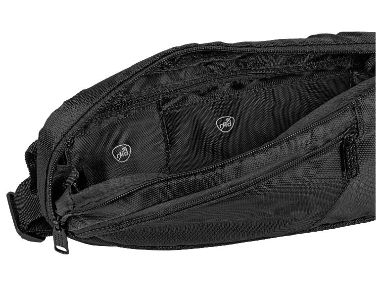 Schwarze Bauchtasche mit Innenfächern und RFID-Schutz.