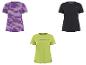 Damen-Sport-T-Shirts: ein lila gemustertes, ein schwarzes und ein limettengrünes mit Logo.