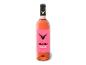 Eine Flasche Roséwein Vega Roja Tempranillo Garnacha mit rosa Etikett und Stier-Logo.