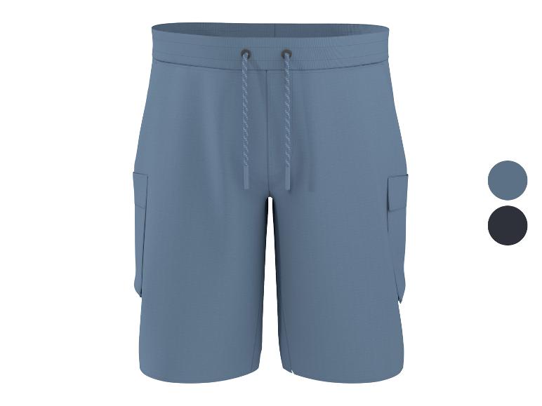 Blaue Cargo-Shorts für Herren mit Kordelzug in der Taille, mit Farbmustern.