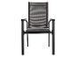 Gartenstuhl mit Armlehnen, schwarzes Gestell und Mesh-Sitzfläche.