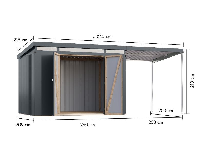 Gartenschuppen mit Vordach, Maße 502,5 x 215 x 213 cm