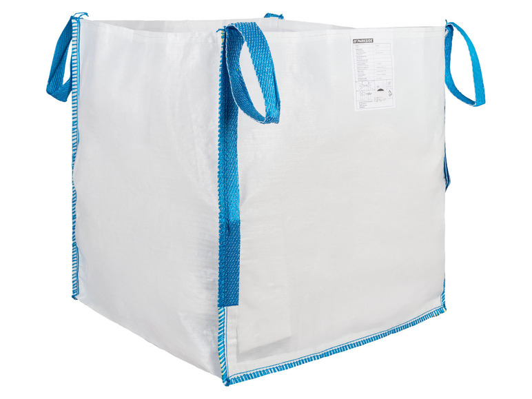 Ein weißer Big Bag mit blauen Bändern und Parkside-Etikett
