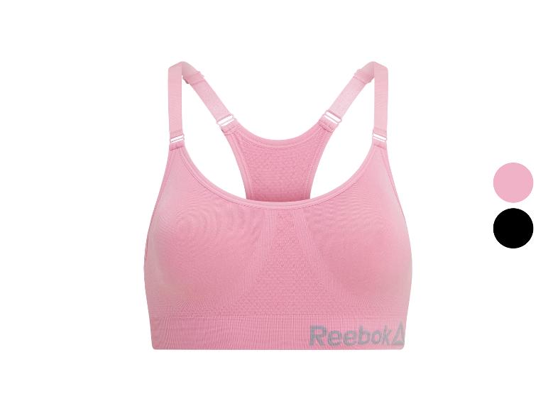 Rosa Reebok Sport-BH mit verstellbaren Trägern und Logo.