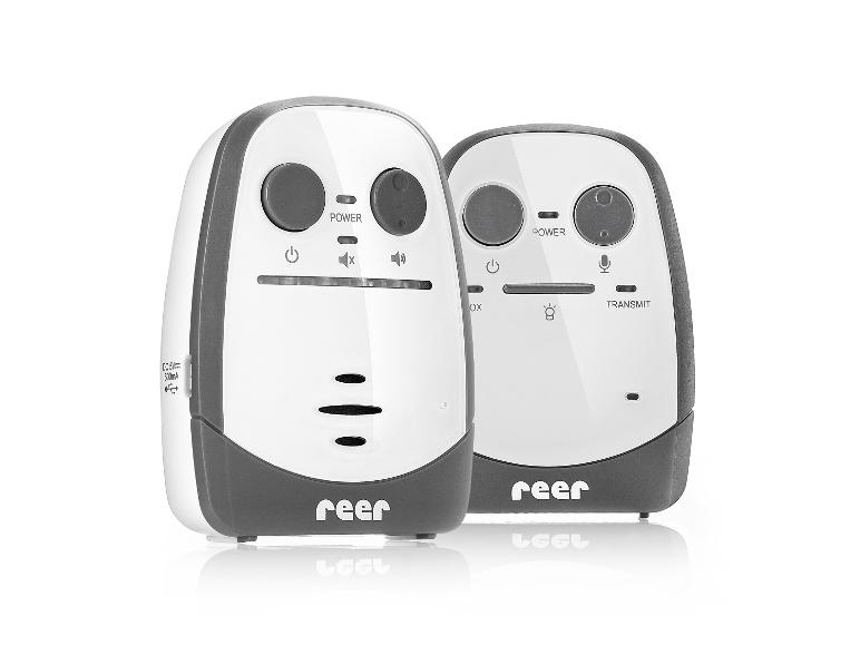 Zwei weiße und graue Babyphone mit Ein-/Aus- und Lautstärketasten.