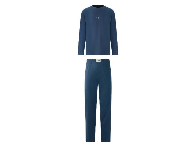 Marineblauer Herrenpyjama mit langärmeligem Oberteil und langer Hose.
