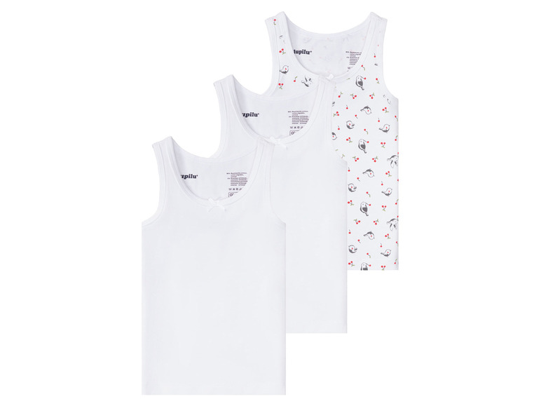 Drei Lupilu Tanktops für Mädchen, eines mit Vogel- und Kirschendesign.