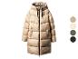 Langer beiger Steppmantel mit Kapuze und Reißverschluss, mit Farboptionen.