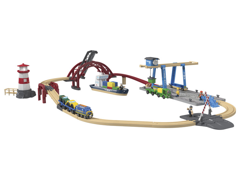 Playtive 3 Holz Eisenbahn-Set mit Containerhafen, Stationen