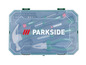 Ein Parkside Werkzeugset mit Schraubendrehern, Zangen und einem Hammer in einer Aufbewahrungsbox.