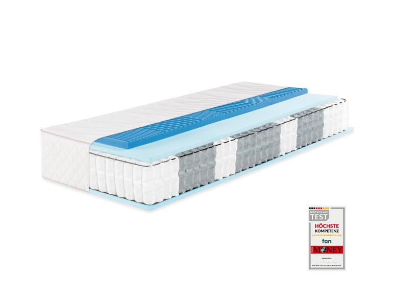 Ein Schnitt durch eine Matratze mit Taschenfederkern und blauer Oberseite.