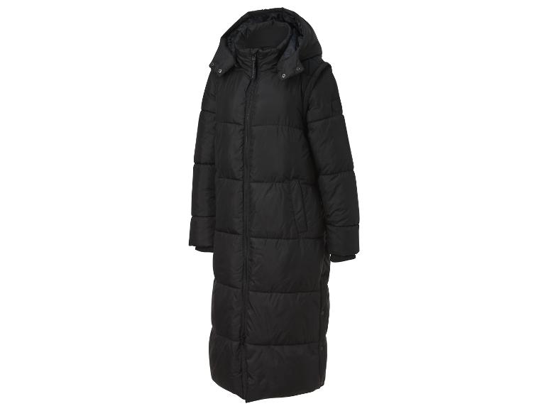Eine schwarze, lange Winterjacke mit Kapuze.