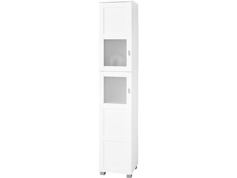 Weißer Hochschrank mit mattierten Glastüren und silbernen Griffen.