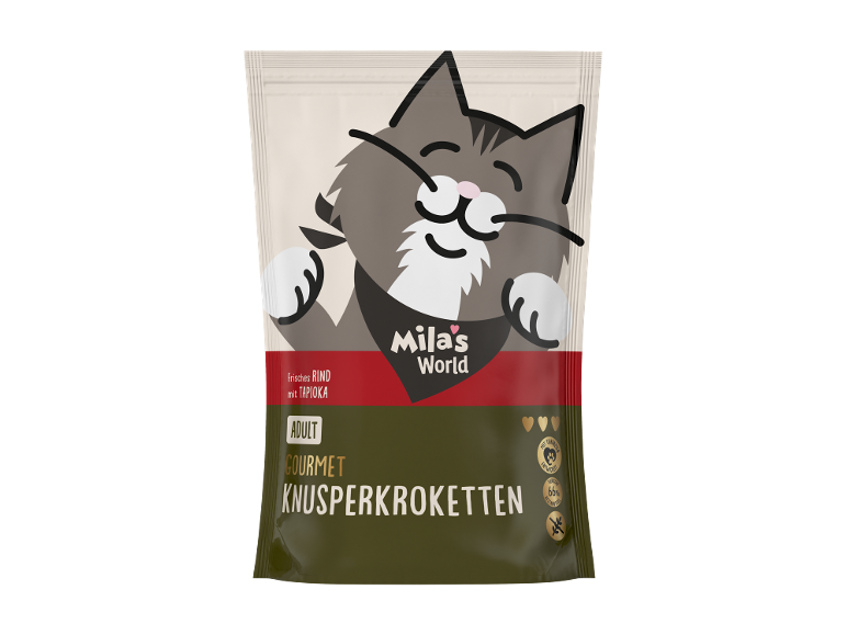 Katzenfutterbeutel mit einer Cartoon-Katze und dem Text „Frisches Rind mit Tapioka“, „Adult Gourmet Knusperkroketten“.