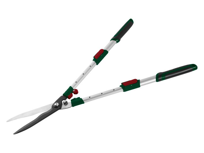 Ausziehbare Heckenschere mit grünen und roten Griffen.