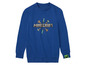 Ein blauer Minecraft-Pullover mit einem Creeper-Logo am Ärmel.