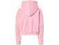 Rückansicht eines rosa Hoodies mit Kapuze und Bündchen.