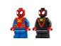 Zwei LEGO Spider-Man Minifiguren, eine klassische rot-blaue, eine schwarz-rote Miles Morales.