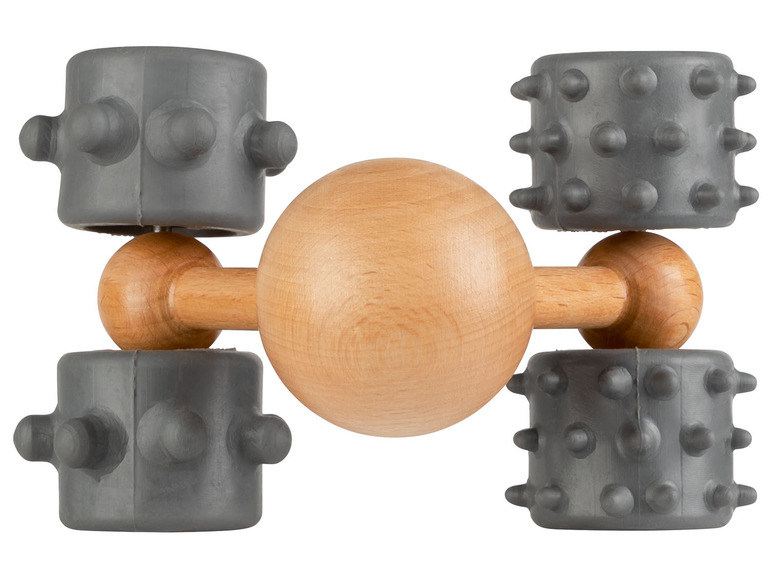 Holz-Massage-Roller mit vier grauen Gummibändern