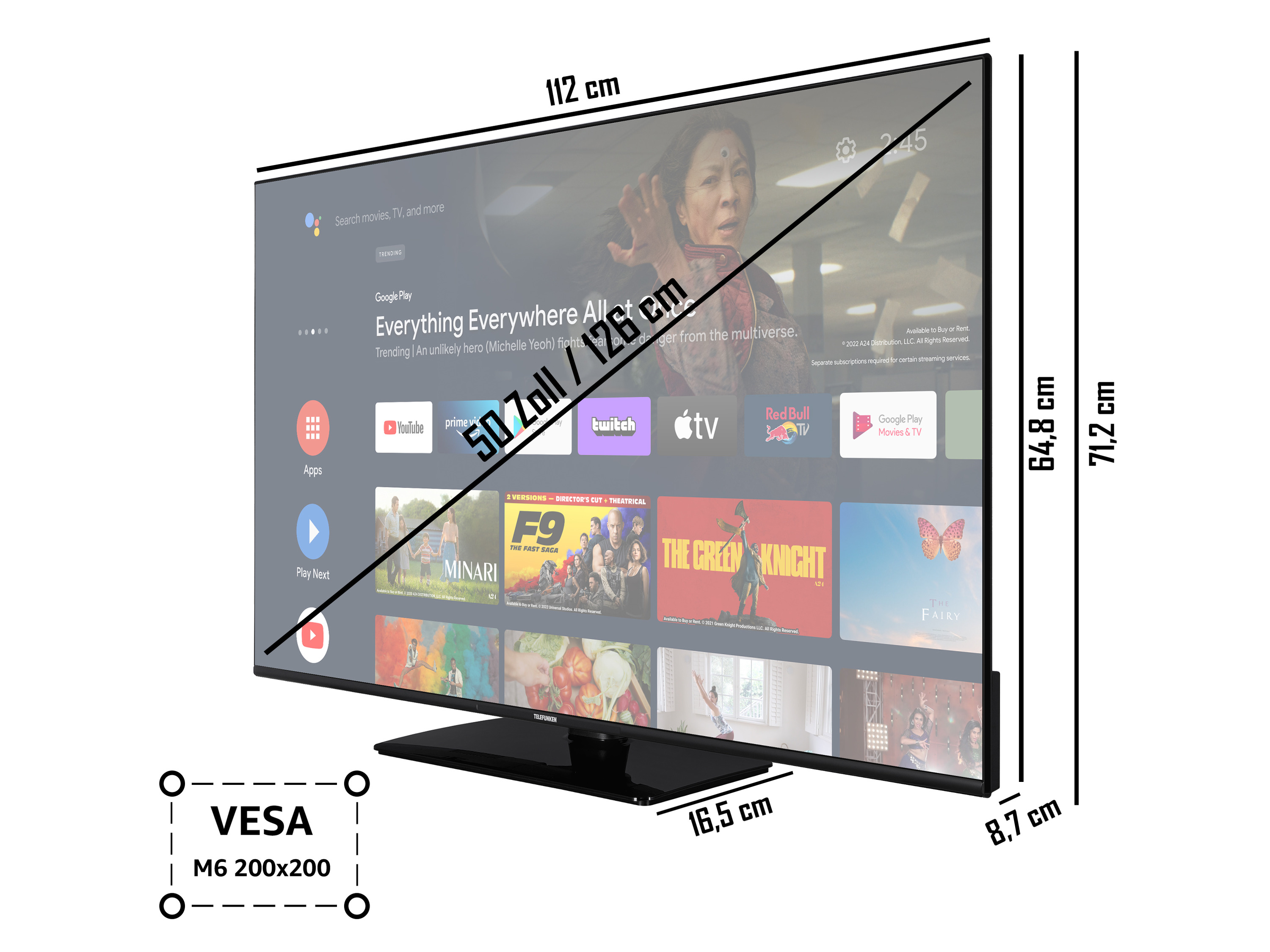 Thumbnail - TELEFUNKEN Fernseher XUAN754M Android Smart TV 4K UHD Mittelfuß (50 Zoll)