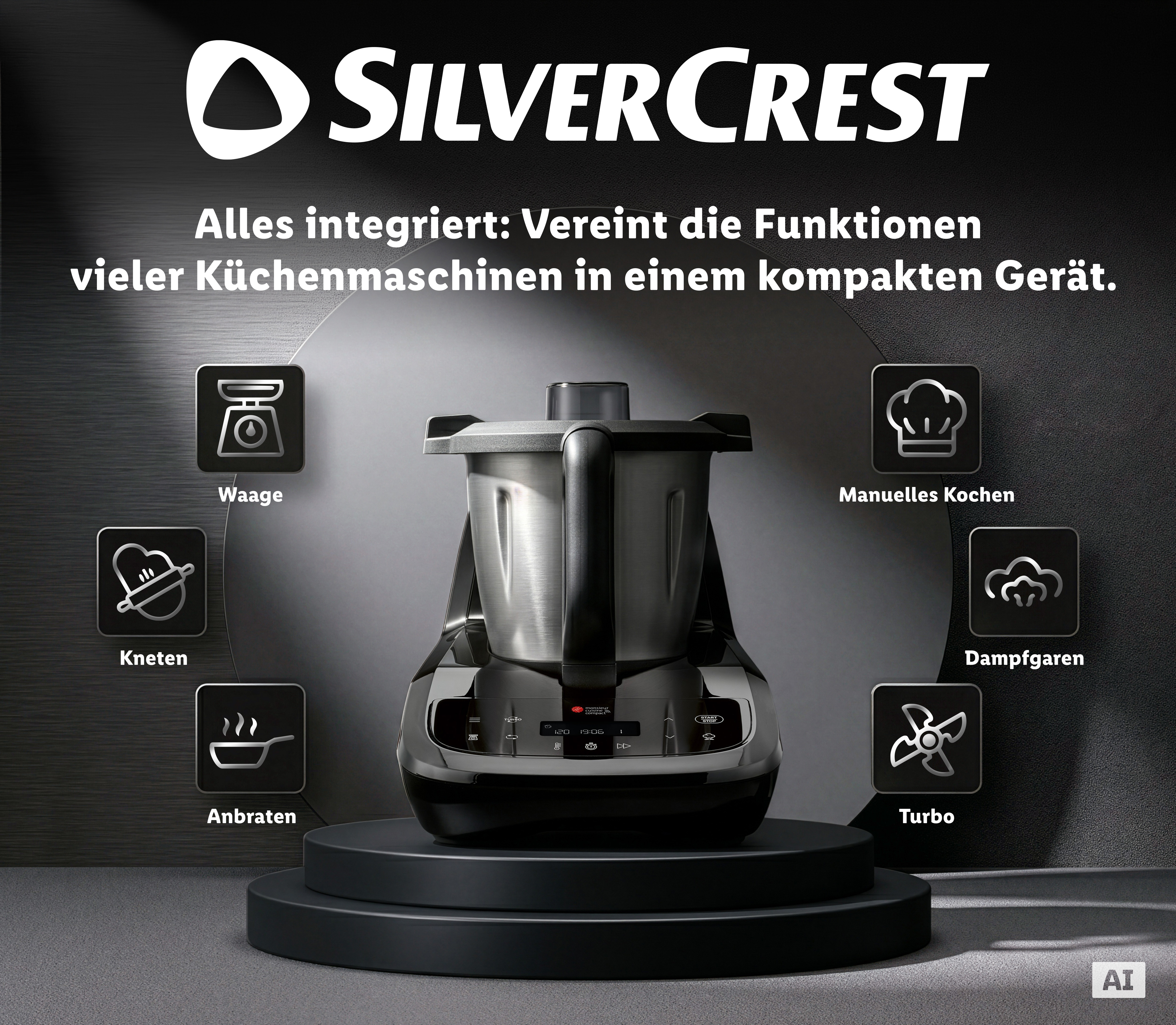 Übersichtsbild des Monsieur Cuisine compact mit Highlights und integrierten Funktionen auf dunklem Hintergrund (KI-generiert)