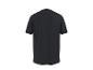 Schwarzes Kurzarm-T-Shirt mit kleinem weißem Logo am linken Ärmel, Rückansicht.