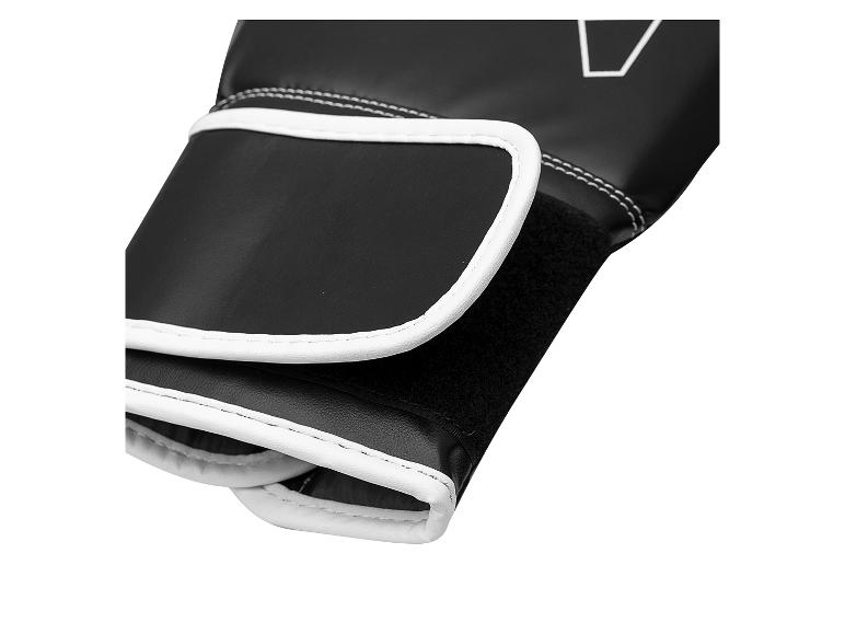 Schwarze Boxhandschuhe mit weißen Details und Klettverschluss.