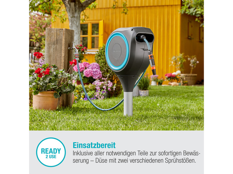 »RollUp Schlauch, M«, 360° Garten-Schlauchbox schwenkbar, Gardena 20 grau/türkis m um