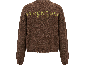 Brauner Strickpullover mit limettengrüner Aufschrift auf dem Rücken