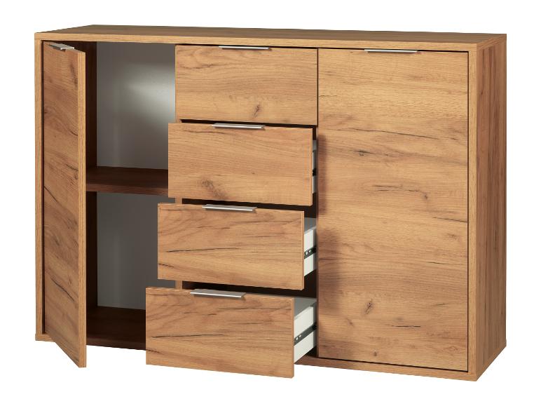 Ein Holzschrank mit drei Schubladen und zwei Türen.