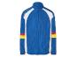 Blaue Sportjacke mit farbigen Streifen.
