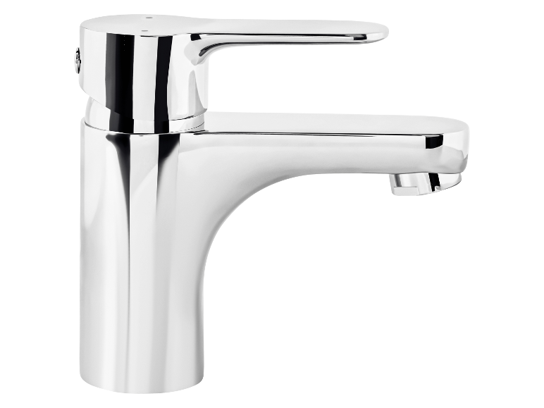 Eine elegante, verchromte Waschbeckenarmatur.