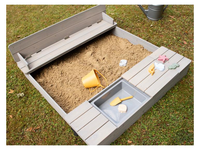 Sandkasten, aufklappbare Sitzbank + Spielwannen
