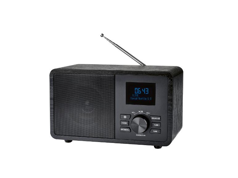Schwarzes digitales Radio aus Holz mit Display, Tasten und Teleskopantenne.
