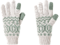 Paar weiße Strickhandschuhe mit grünen geometrischen Mustern und Touchscreen-Fingerspitzen.