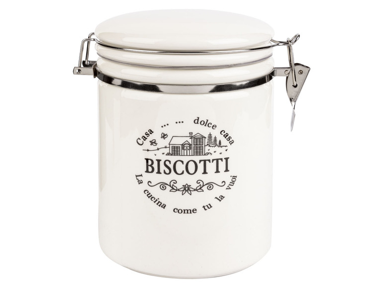 Weiße Keramik-Keksschachtel mit Metallverschluss.