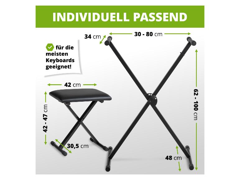 Verstellbarer Keyboardständer und klappbarer Hocker mit Maßen.